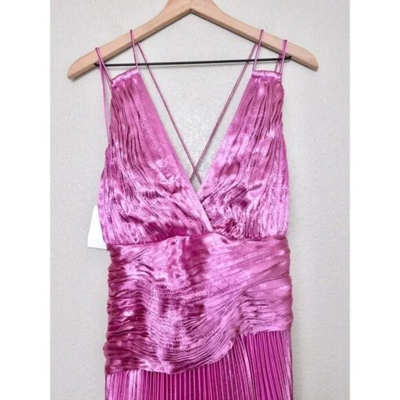 NWT AiiFOS Vera Pleated Metallic Gown 8 Pink Magenta Plisse Ruched Slit Formal - Picture 6 of 14